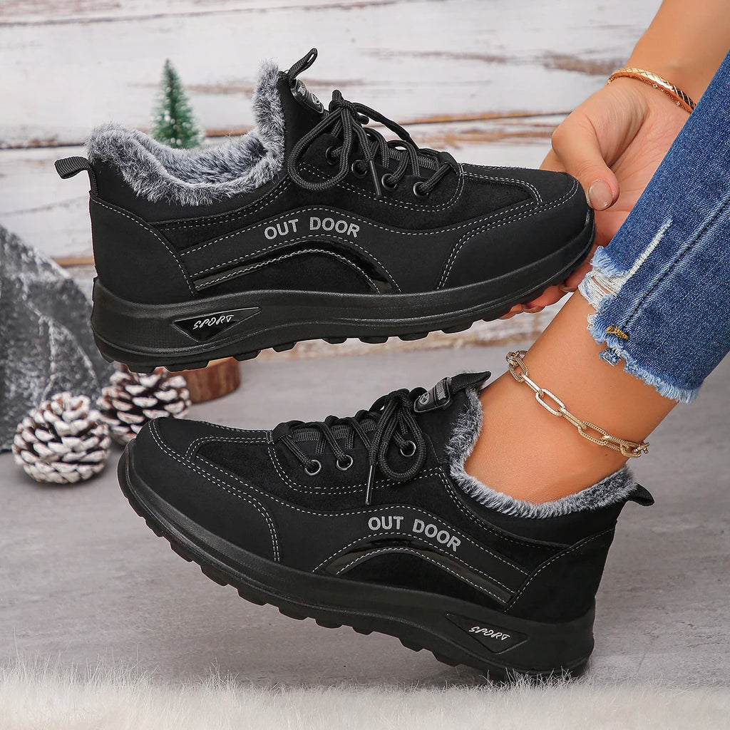 Women Cotton Boots 2025 Warm Comfortable Snow Boots Women Round Toe Flat Bottom Shoes Thickened Fluff Lined Casual Sports Shoes Zpaxo black 36