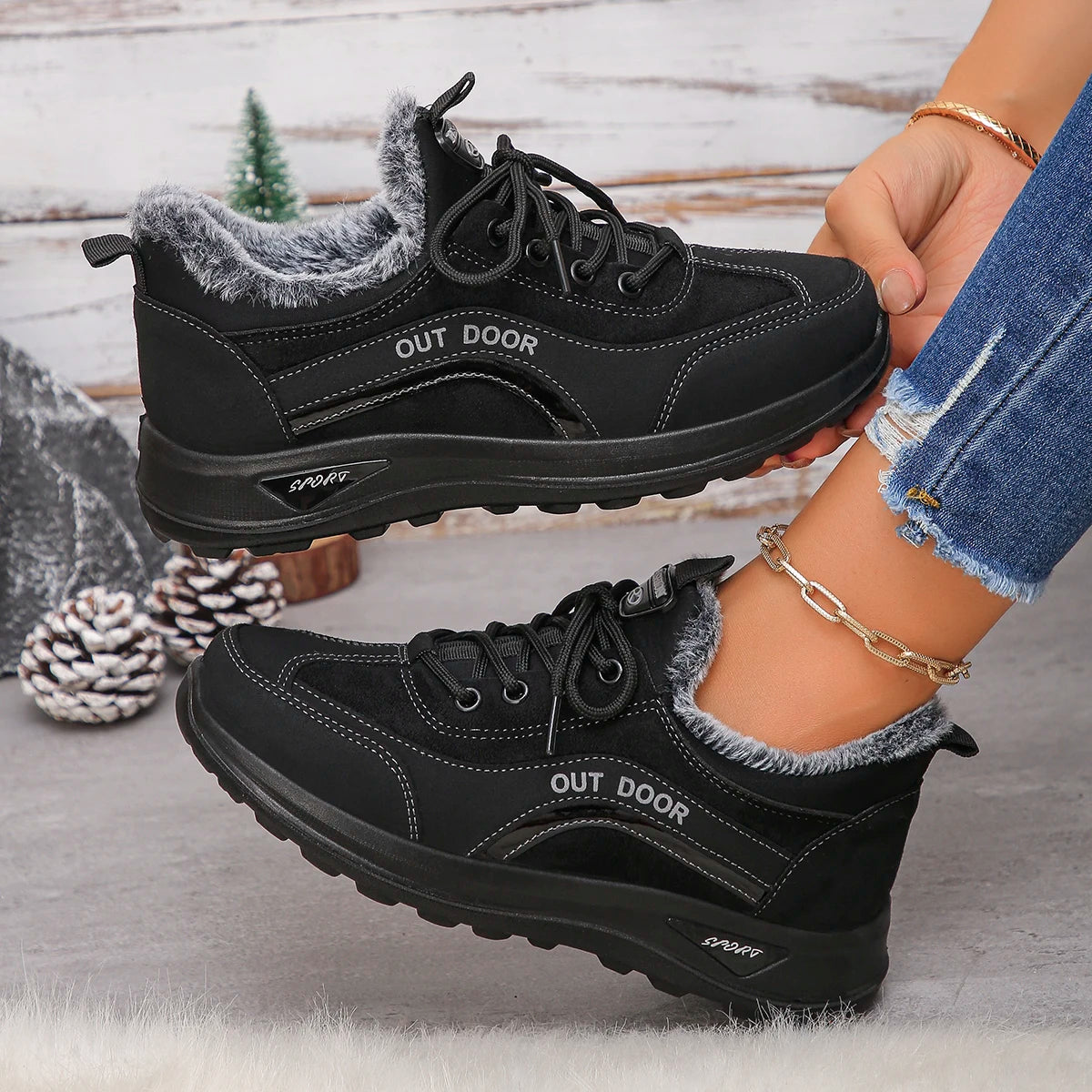 Women Cotton Boots 2025 Warm Comfortable Snow Boots Women Round Toe Flat Bottom Shoes Thickened Fluff Lined Casual Sports Shoes Zpaxo black 36