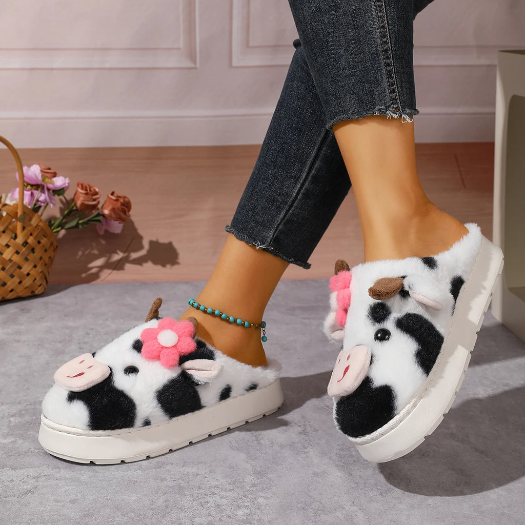 Fluffy Slippers Women Fashion Plush Flat Slippers 2025 New Platform Home Slides Women House Cartoon Cow Designer Women Shoes Zpaxo