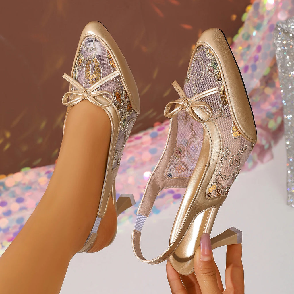 Women Sandals 2025 New Mesh Embroidered Sandals Women String Bead High Heels Mules Shoes Pointed Toe Lightweight Slippers Women Zpaxo Gold 42