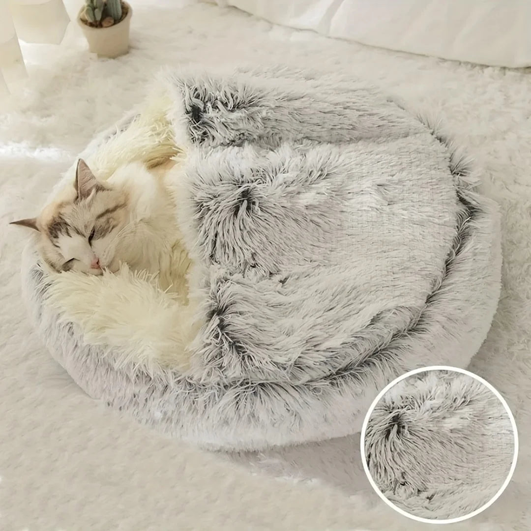 Fluffy Hooded Round Cat Bed Anti- Cave Anti-slip Bottom Machine