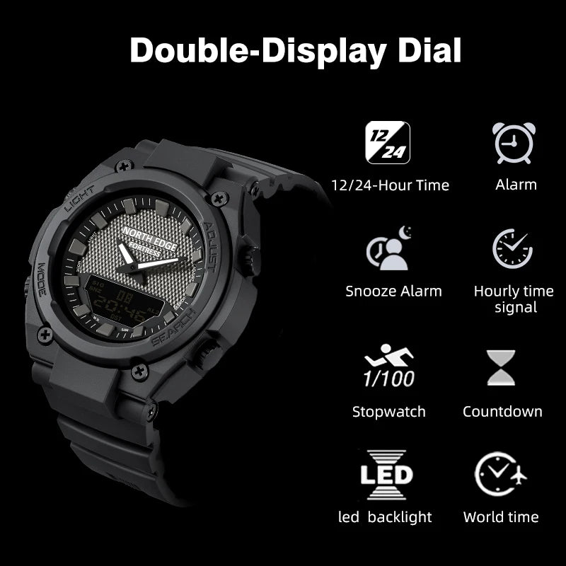 NORTH EDGE FORTRESS 2026 Men's Military Digital Watch Outdoor Sports Waterproof 50M Watches World Time Countdown LED Wristwatch Zpaxo