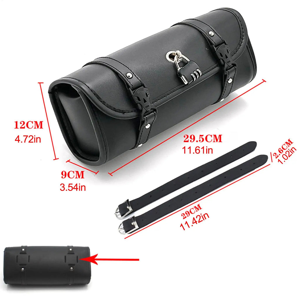 Motorcycle Tool Bag Barrel Handlebar Lock Waterproof PU Leather Cool