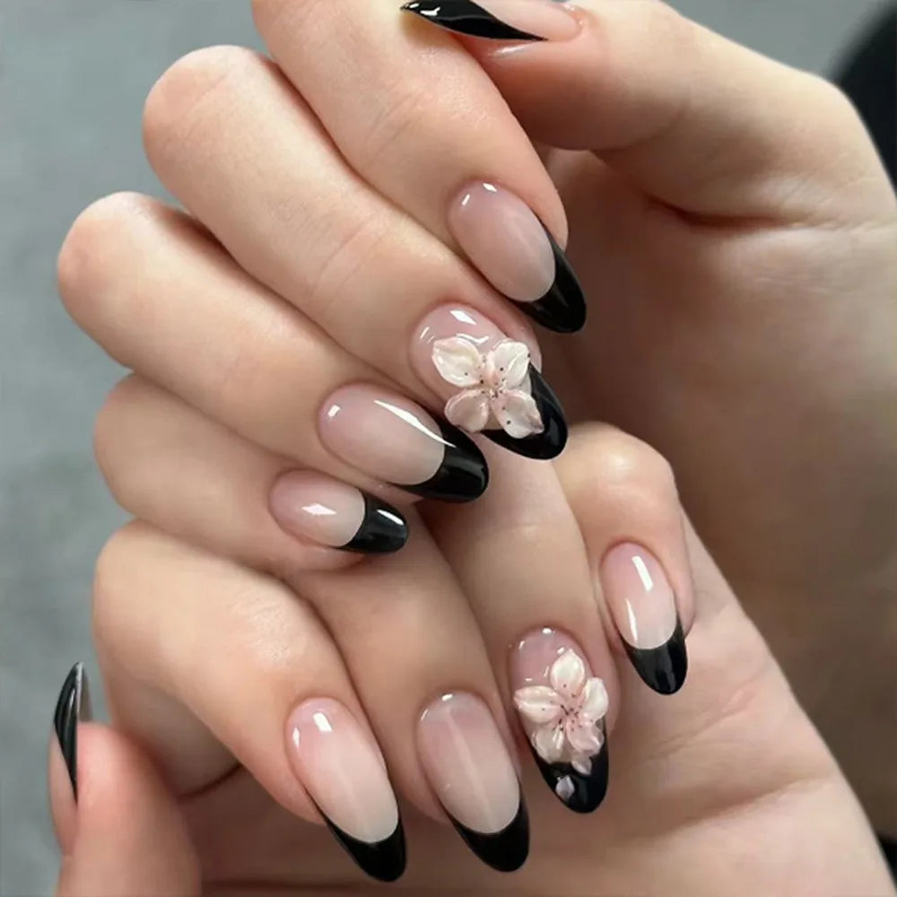 Manicure Long Almond False Nails Flowers Butterfly Aurora Fake French Zpaxo JL0674