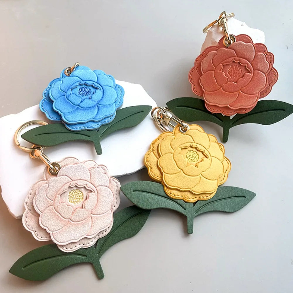 Entrance Guard Card Peony Flower Keychain Keyring Protective Case Peach Blossom Access Card Holder PU Leather Creative Zpaxo