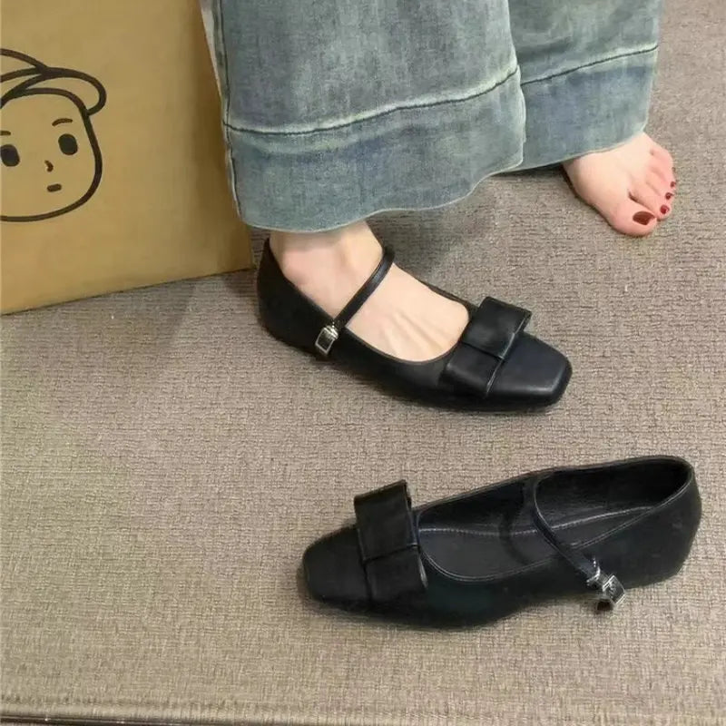 Flat Shoes for Women Spring Autumn 2025 New Velvet Mary Jane Shoes Bow Tie Square Toe Ballet Plus Size 43 44 Women's Shoes Zpaxo