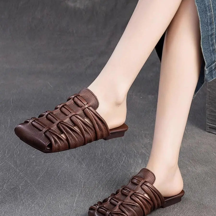 2025 Summer Leather Weaving Breathable Square Toe Flat Slippers Retro