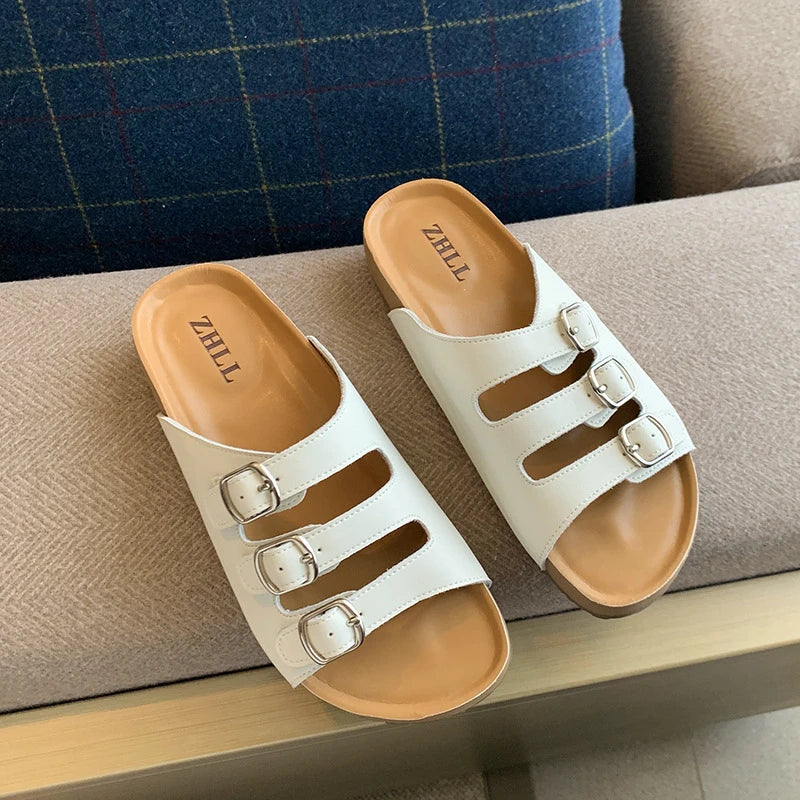 Womens Silver Three Buckle Strap Slide Sandals Open Toe Flat Slippers Zpaxo 2077-8 White 45 China Mainland