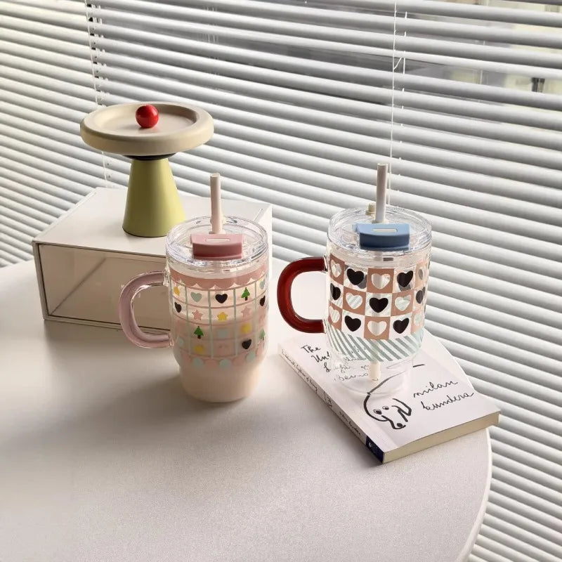 760ml Cute Large Capacity Handle Straw Cup, High Borosilicate Glass Cup, Summer Portable Double Drinking Household Handy Cup Zpaxo