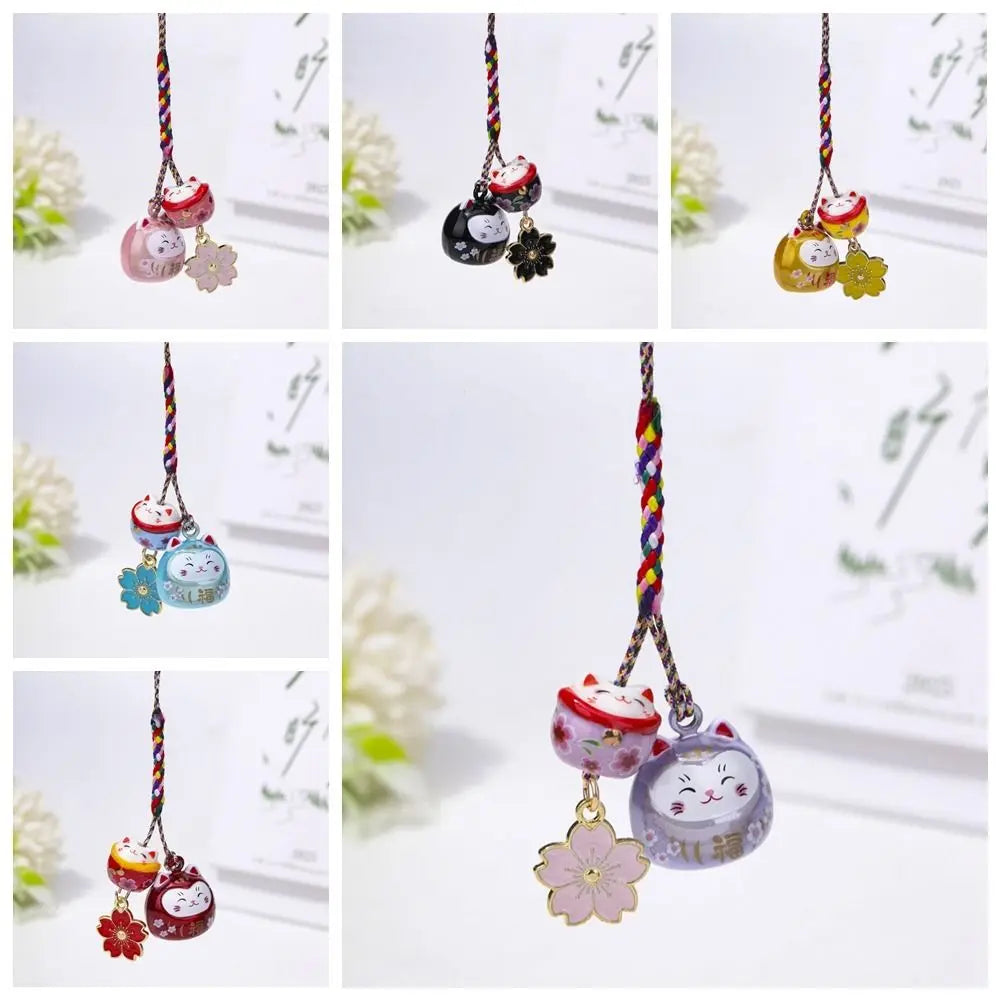 Unique Cute Maneki Neko Key Chain Cherry Blossom Fantastic Lucky Cat Pendant Ornament Bag Decoration Phone Strap Women Zpaxo