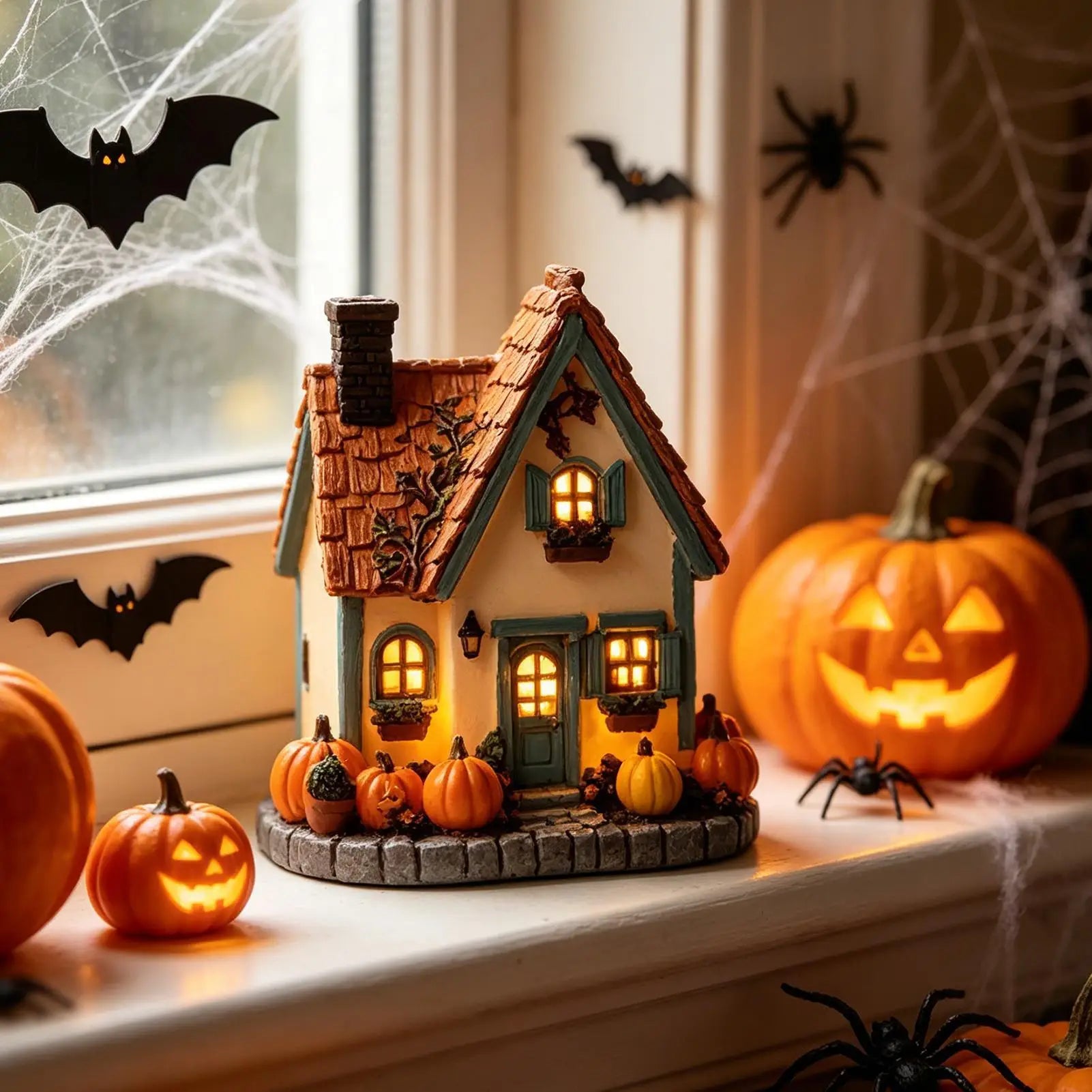 Pumpkin House Statue Decor Battery Powered Lighted Tabletop Centerpiece Festival Pumpkin House Statue for Home Apartment Office Zpaxo