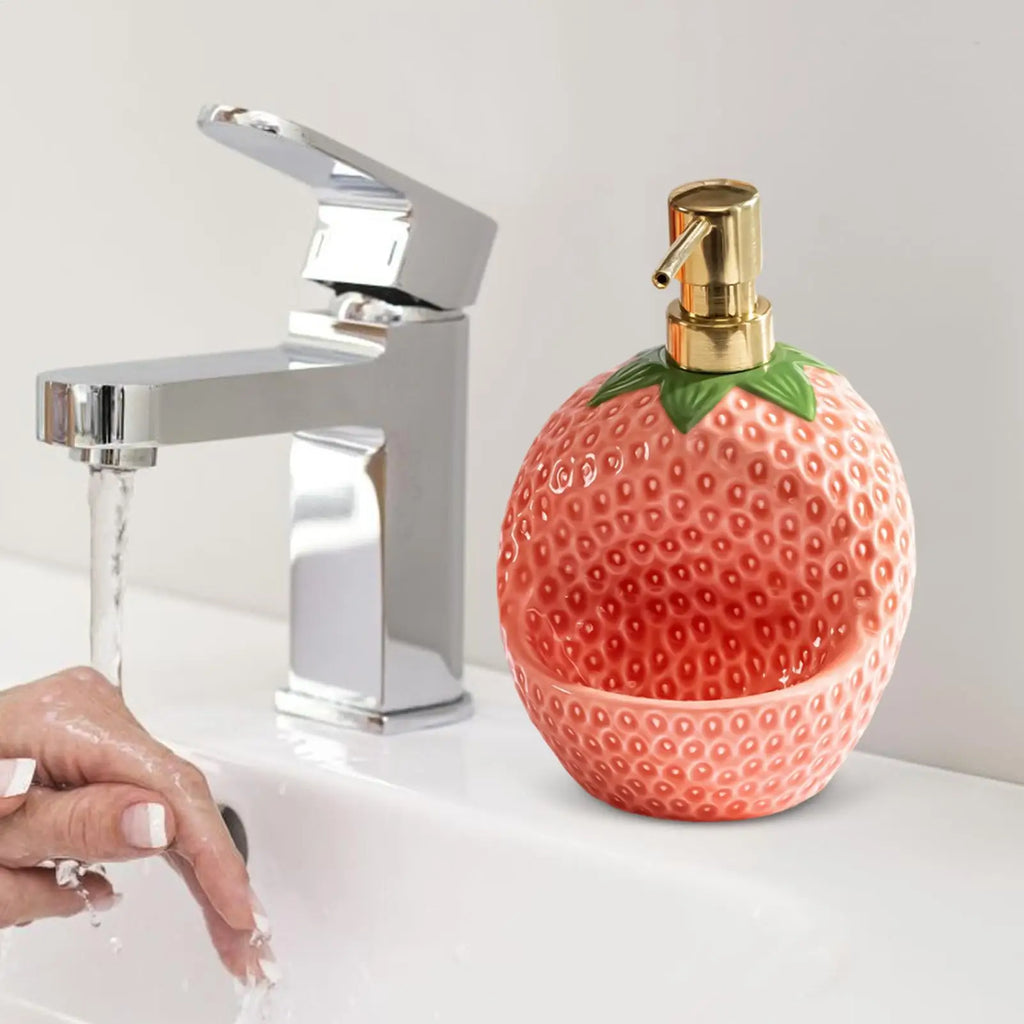 Soap Dispenser 20 Oz Strawberry Shape Ceramic Refillable Liquid Lotion Bottle Bathroom Hand Soap Dispenser with Sponge Holder Zpaxo