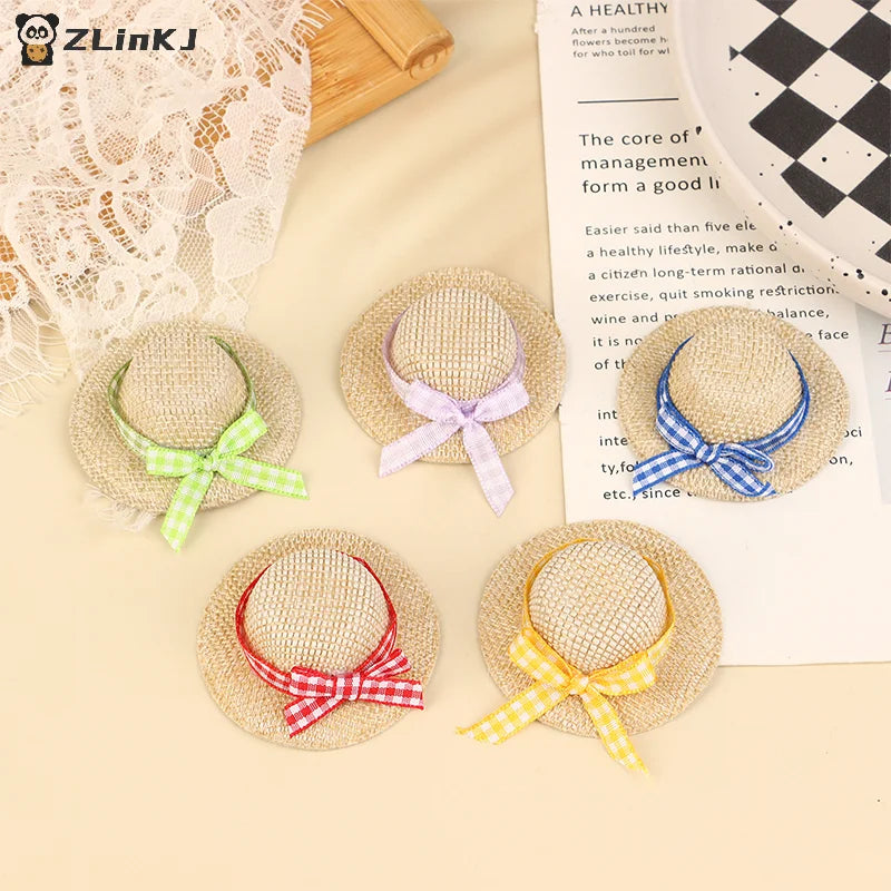 ▶2Pcs Miniature Handmade Style Straw Hat Mini Sun Cap Ribbon With Bow for Doll Decor Accessories Doll House Photo Props Zpaxo