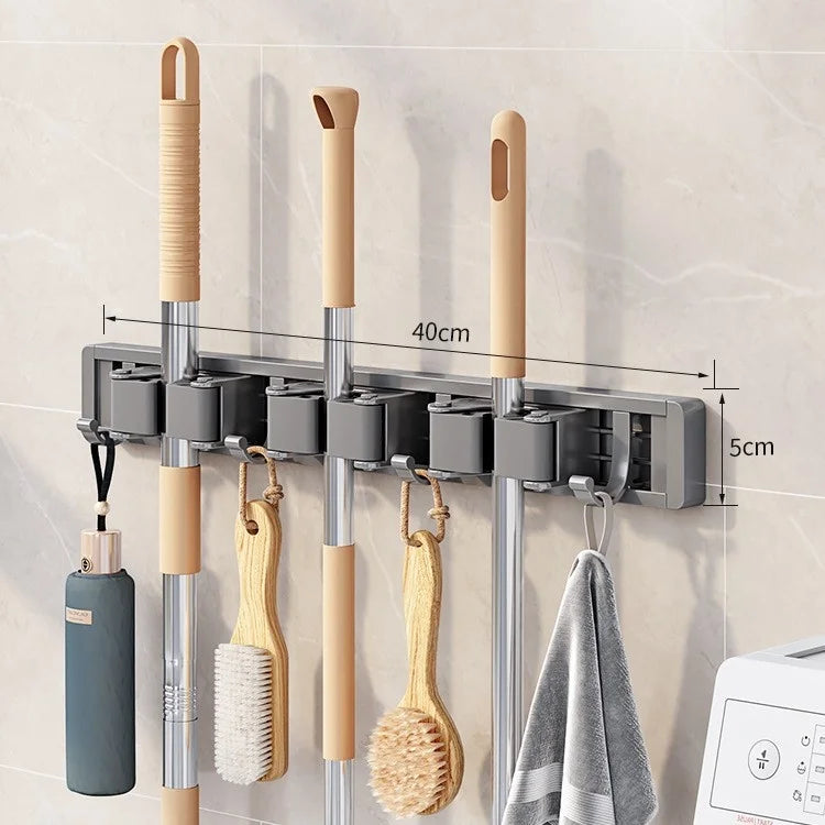 Broom Organizer Mop Gun Gray Hook, No-drill, Strong Adhesive, Wall-mounted, Bathroom Towel, Wall-mounted, Kitchen Clothes Hook Zpaxo 3 clips and 4 hooks