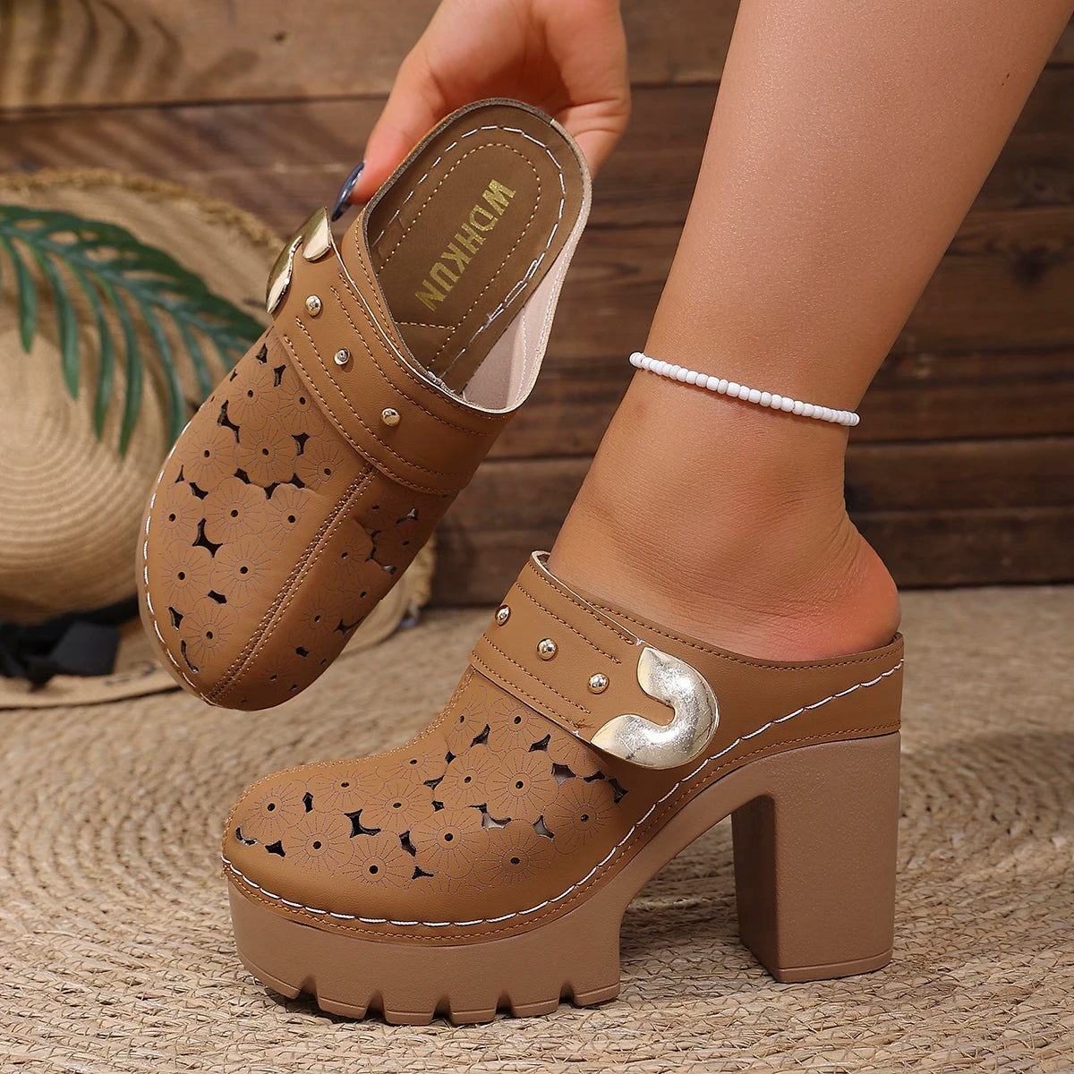 Women Sandals Solid Anti Slip Shoes Women Peep Toe Platform Sandals Summer Round Toe Shoes Slip on High Heels Slippers Women Zpaxo Brown 37