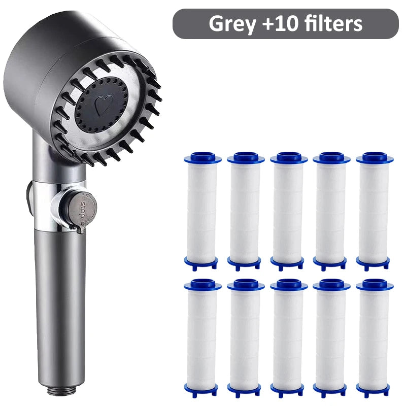 High-pressure Massage Shower Head 4 Modes Rain One-touch Stop Filter Zpaxo Grey and 10 Filter