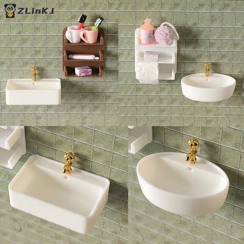 ▶Micro Scene Decor Bathroom Wash Basins Wall Shelf Model 1/12 Scale Dollhouse Furniture Decoration Pretend Play Toys Zpaxo