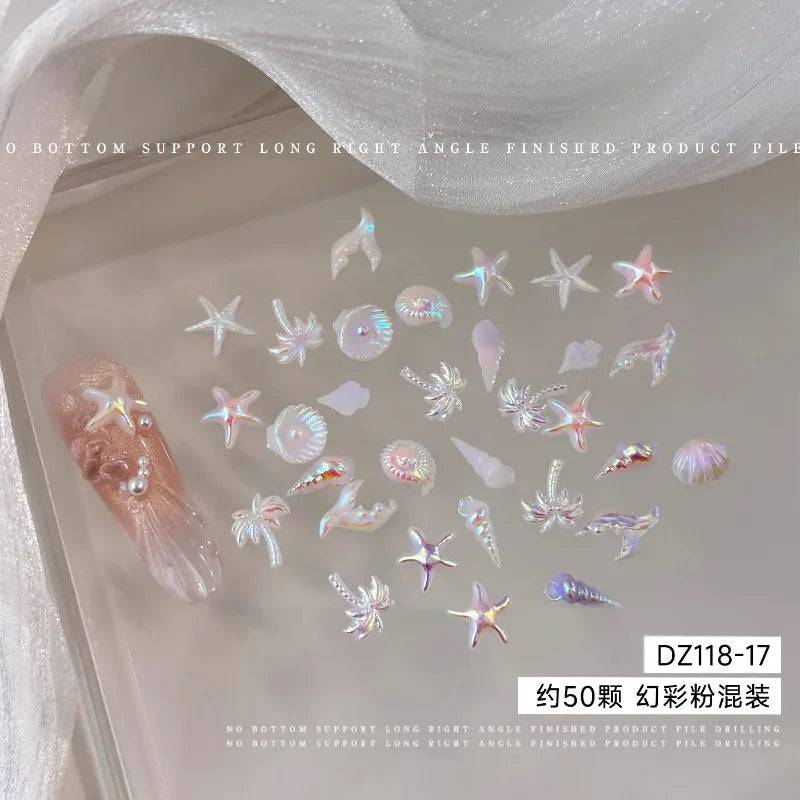 Mixed Summer Aurora Shell Nail Rhinestone Ocean Theme Starfish Coconut Tree Resin Nail Charm Decoration DIY Manicure Accessories Zpaxo B-50pcs mix per pack