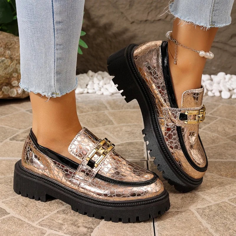 Metal Buckle Embellishment Spring Autumn Women Round Toe Comfortable Zpaxo