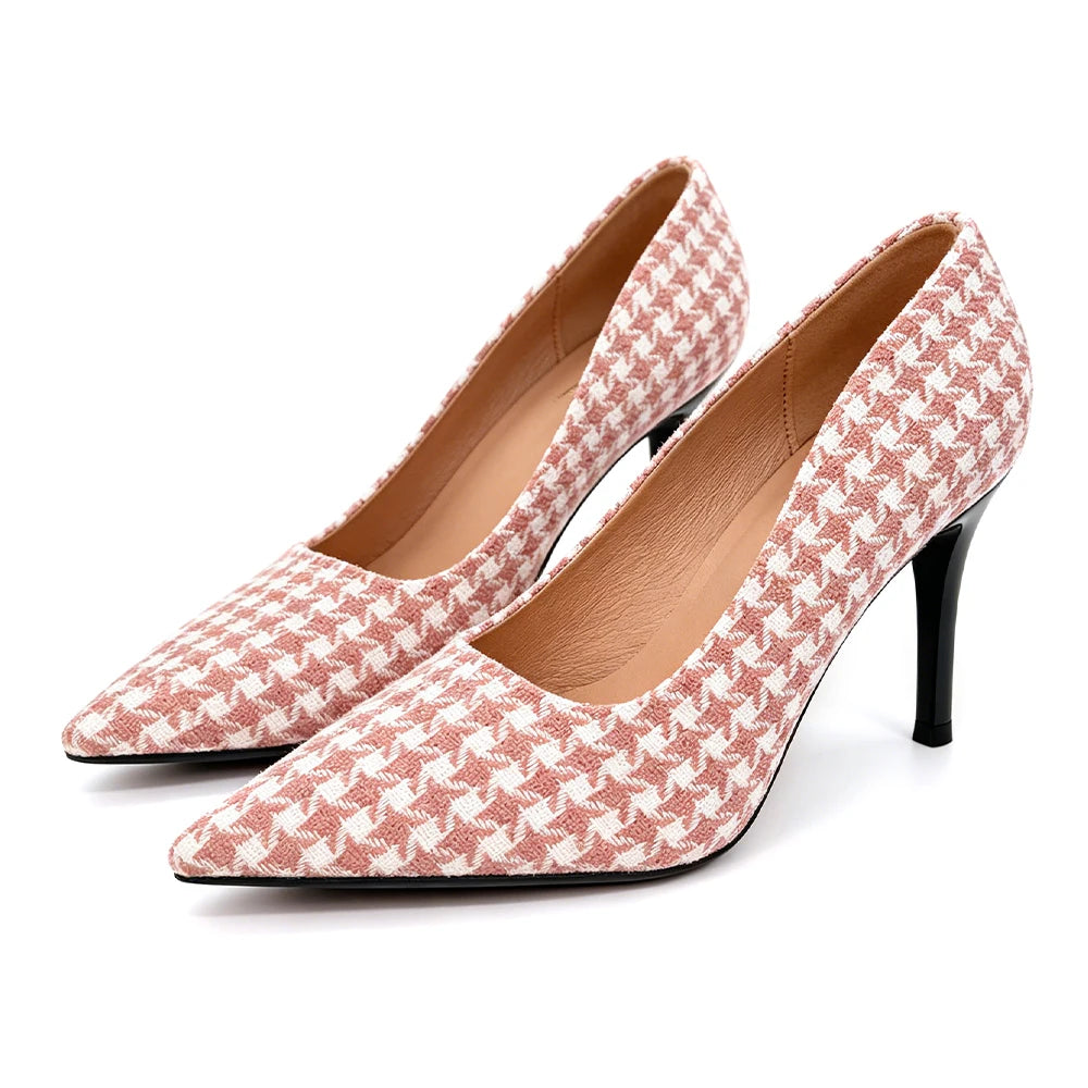 Women's Pink Houndstooth 9cm Heels – Vintage Plaid Pumps