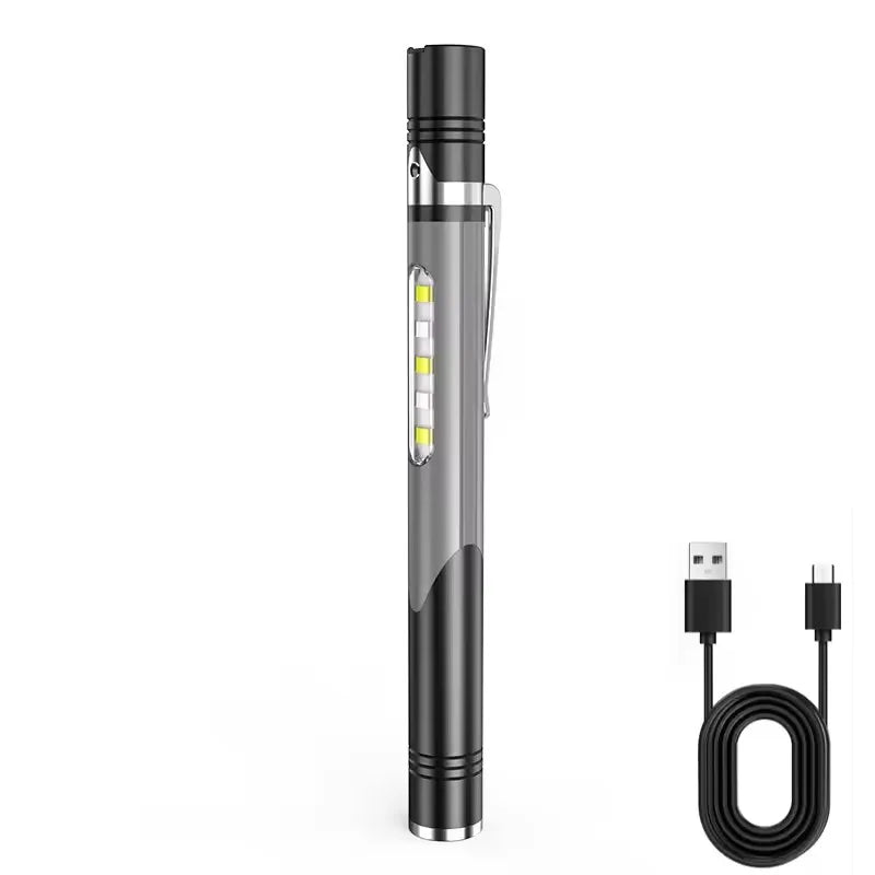 POCKETMAN USB Rechargeable Pen Flashlight – 4-Mode COB LED Pen Flashlight Zpaxo Grey type Built-in battery