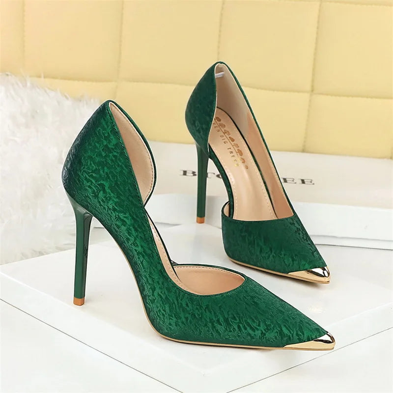 Pointed Toe Shallow Mouth Hollow Heels Women's Thin Iron Metal Zpaxo 8626-2 Green 40 China Mainland