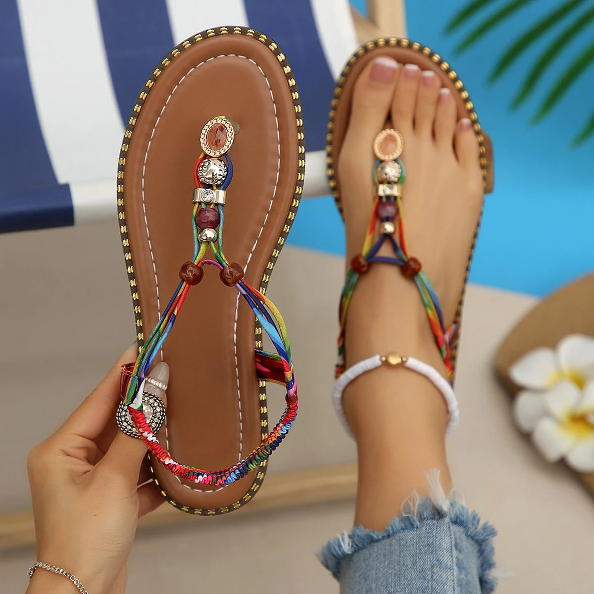 Women Sandals Bohemia Flats Summer Slip Clip Toe Beach Shoes Woman Zpaxo Blue 36