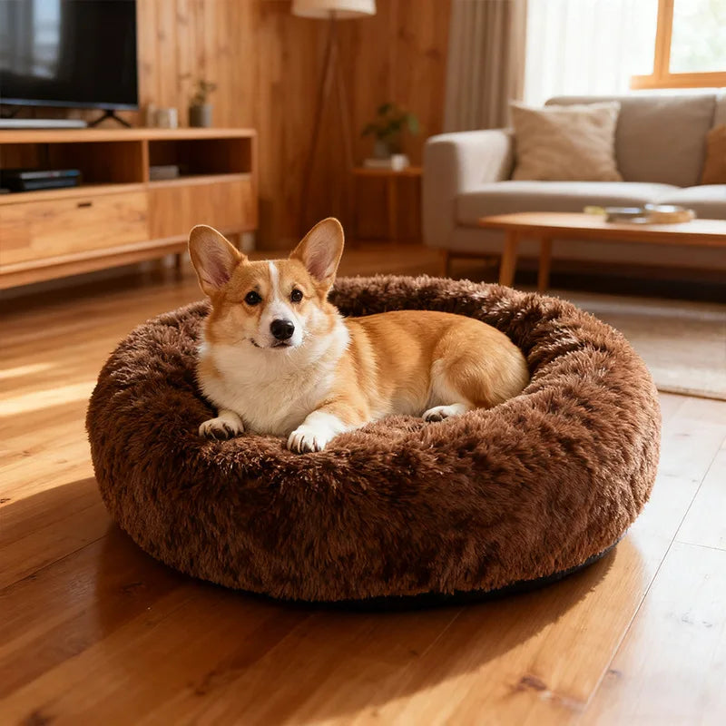 Round Pet Bed Soft Long Plush Winter Warm Sleeping Nest Large Medium