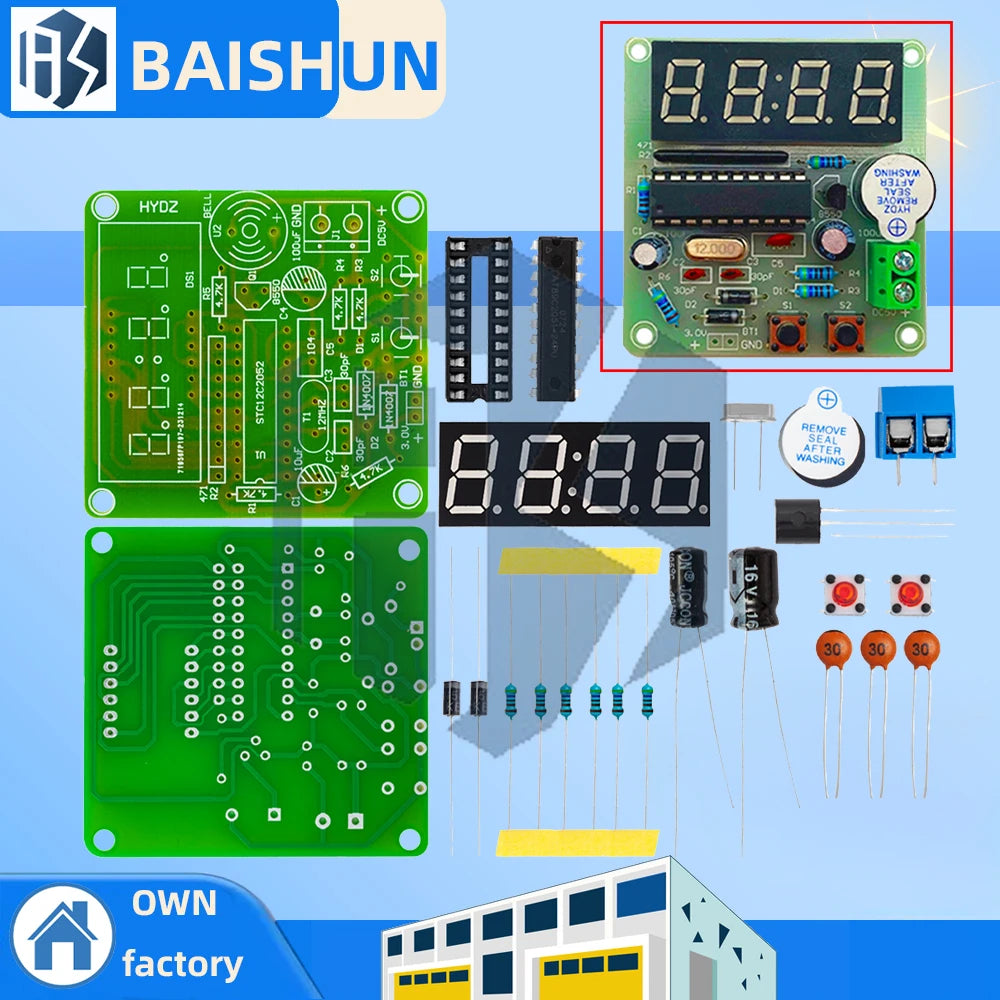 ‌AT89C2051-24PU 8051 Microcontroller LED Clock Kit – 4-Digit 7-Segment DIY Soldering Project with DS1307 RTC (I²C) | Alarm/Timer Zpaxo