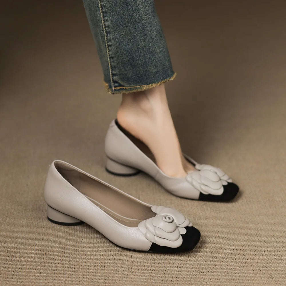 Fashion Flower Single Shoes Autumn Square Toe Shallow Mouth Slip-on
