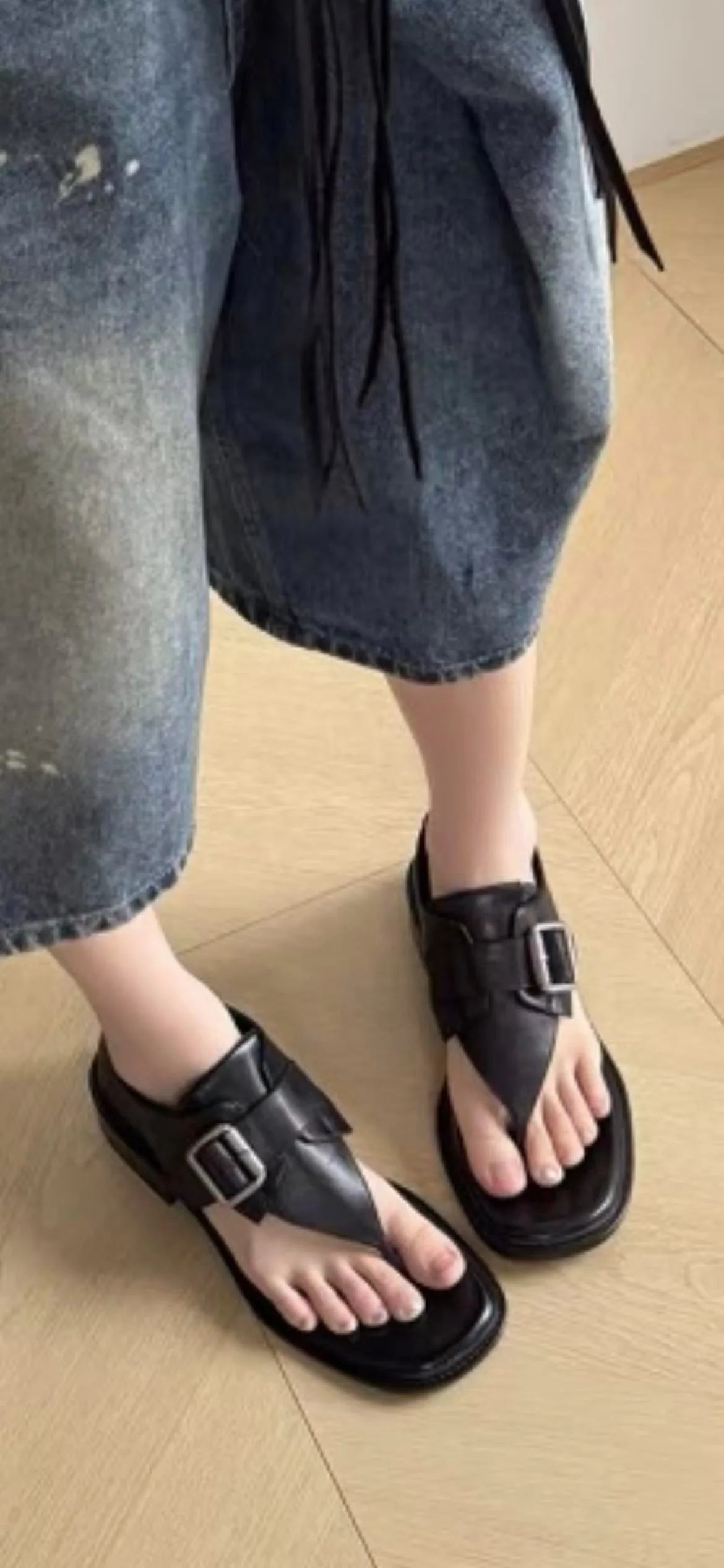 Fashionable Versatile Square Head Metal Buckle Flat Heel Roman Zpaxo black 37