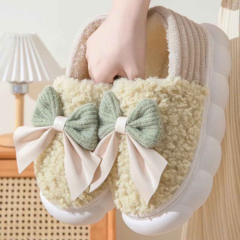 Fur Slippers Women Winter Bow Furry Fashion Warm Ankles Plush Cozy