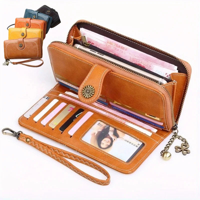 Long Wallet Clutch Bag Women Vintage Greased Leather Large Capacity