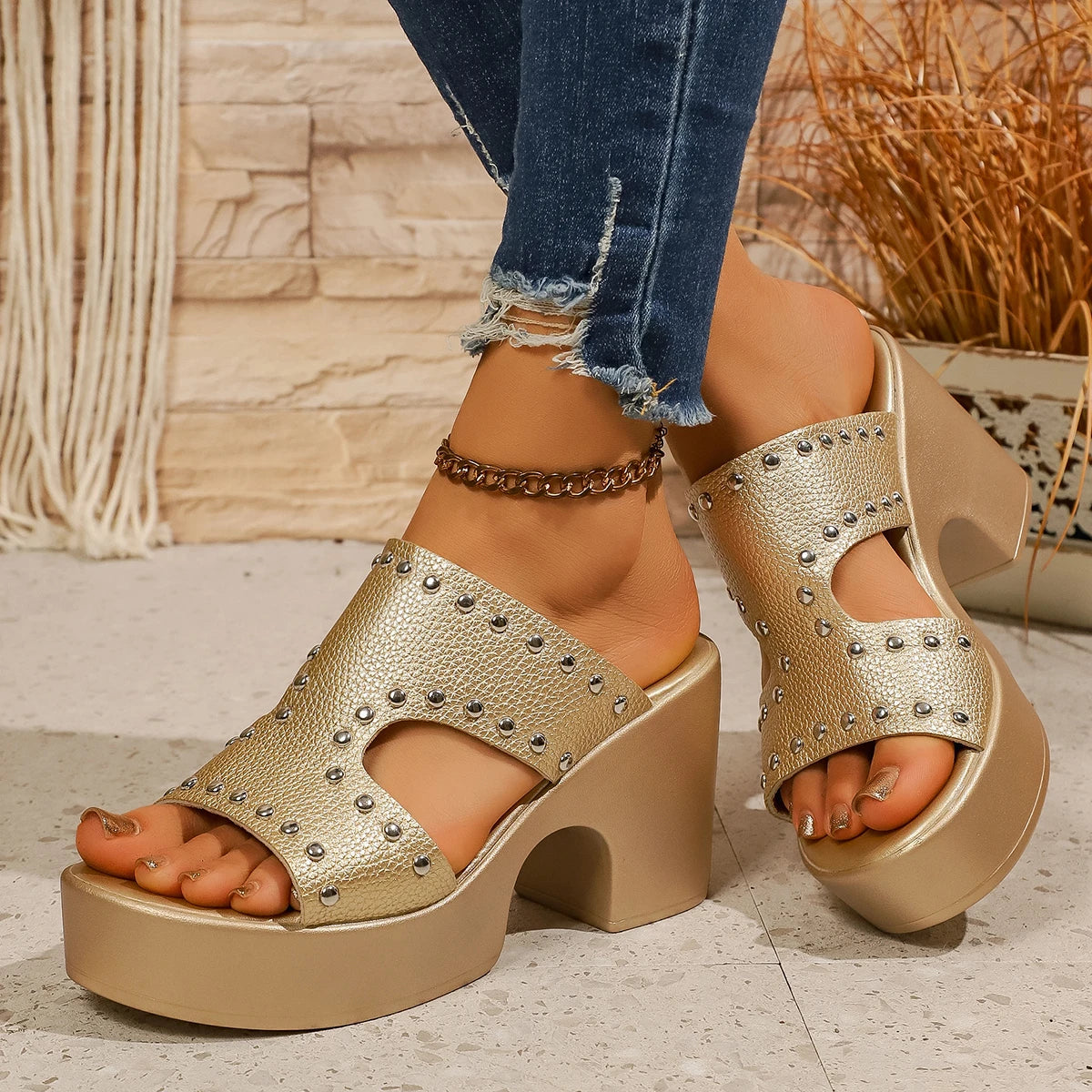 Summer Women Sandals Rivet Decor Chunky Platform Sandals Women Peep Toe High Heels Slippers Woman Beach Plus Size Ladies Shoes Zpaxo Gold 43