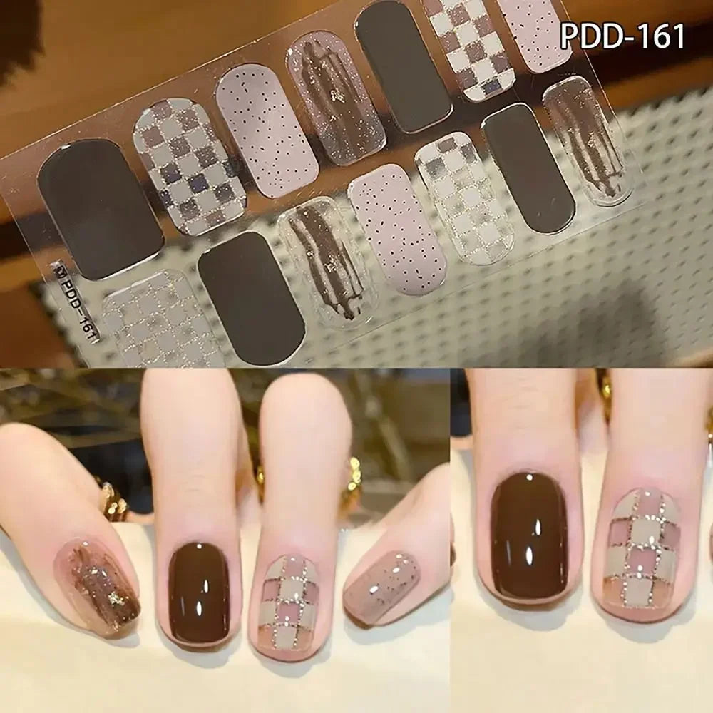 14Strips Gel Nail Stickers Full Cover Floristic Art Semi Cured Polish