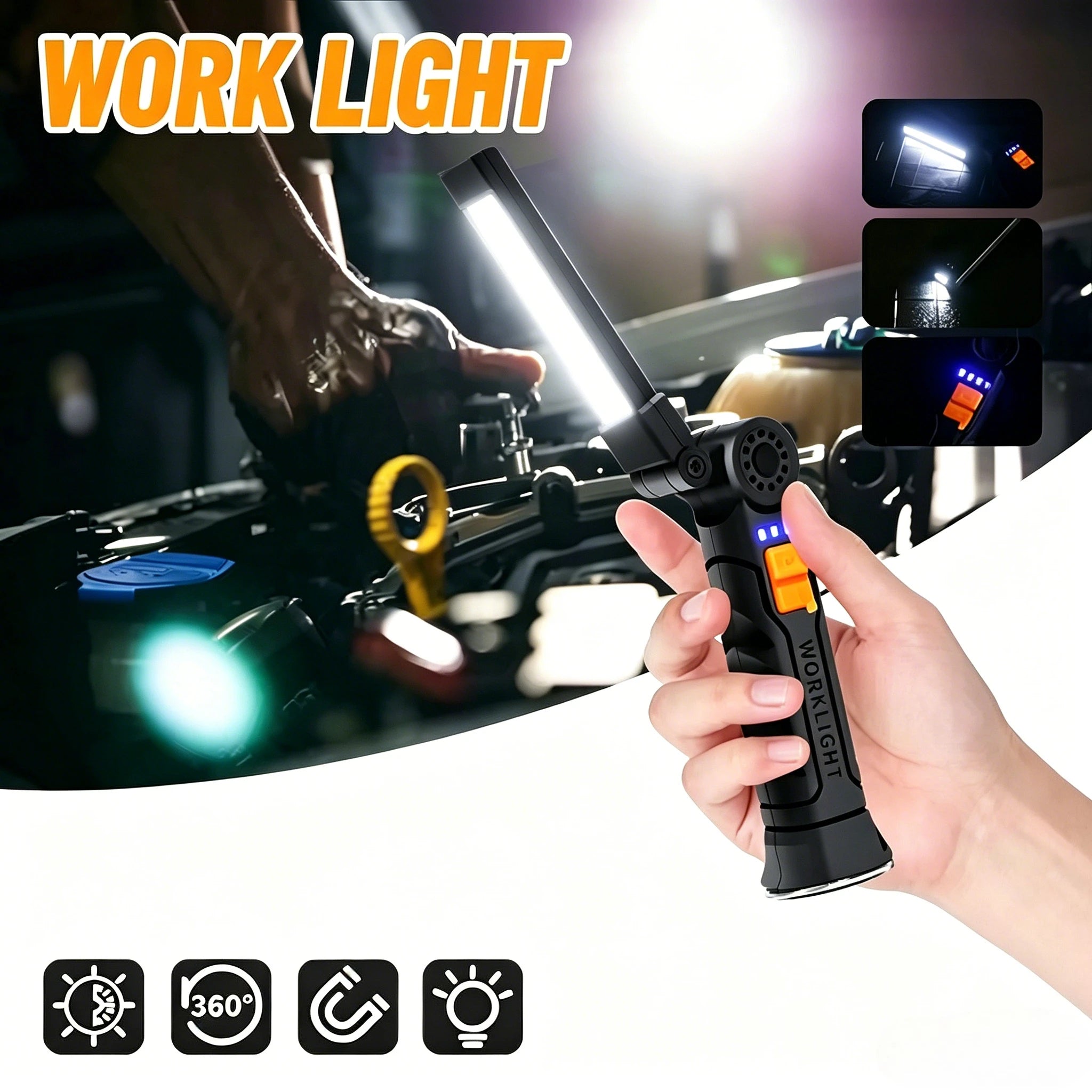 Powerful Led COB Work Light Magnetic Base Hook Rechargeable Portable Zpaxo