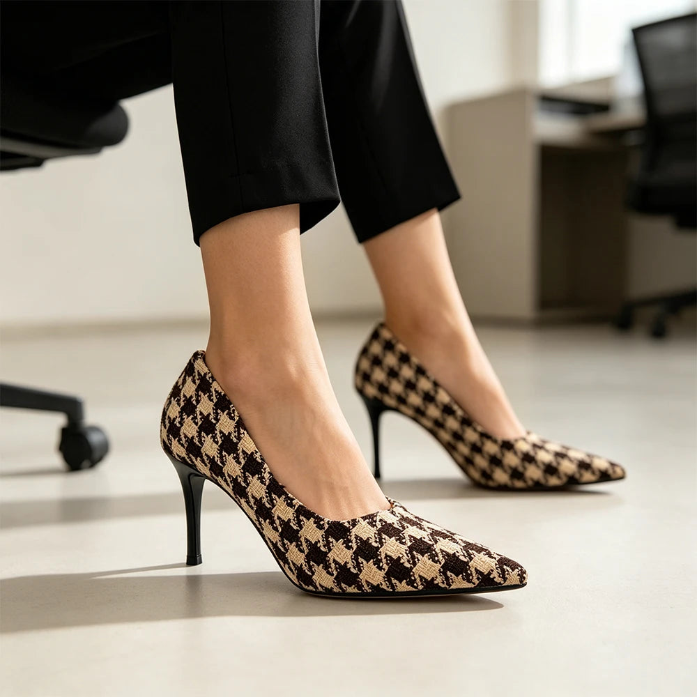 Women's Vintage Houndstooth Pointed Toe Pumps | 9cm Heels