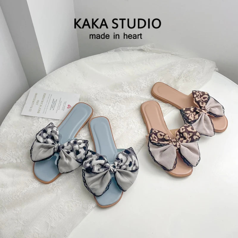 Slippers for Women 2025 Summer New Silk Bow Slippers Beach Shoes Vacation Flat Heel Sandals for Women Slippers Zpaxo