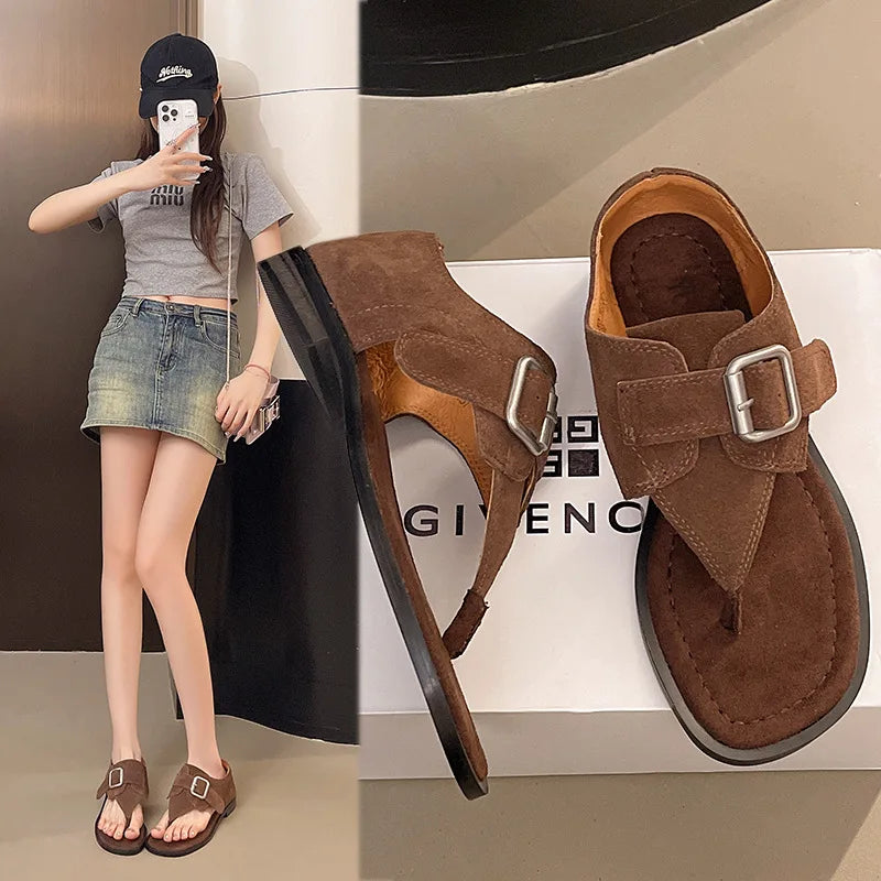 New Fashionable and Versatile Style Square Head Metal Buckle Flat Heel Roman Sandals Women's Word Clamp Foot Sandals Zpaxo
