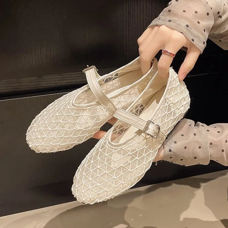 Womens Mesh Mary Jane Flat Sandals Summer Breathable Hollow Out Fishnet Ballet Shoes Buckle Strap Lightweight Black Beige Shoes Zpaxo 41 white