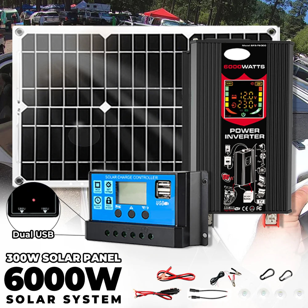 6000W Inverter 12V to 220V/110V 30A Controller 300W Solar Panel Smart Charge Camping For Car RV Solar Series System Combination Zpaxo 12V TO 220V50HZ 6000W
