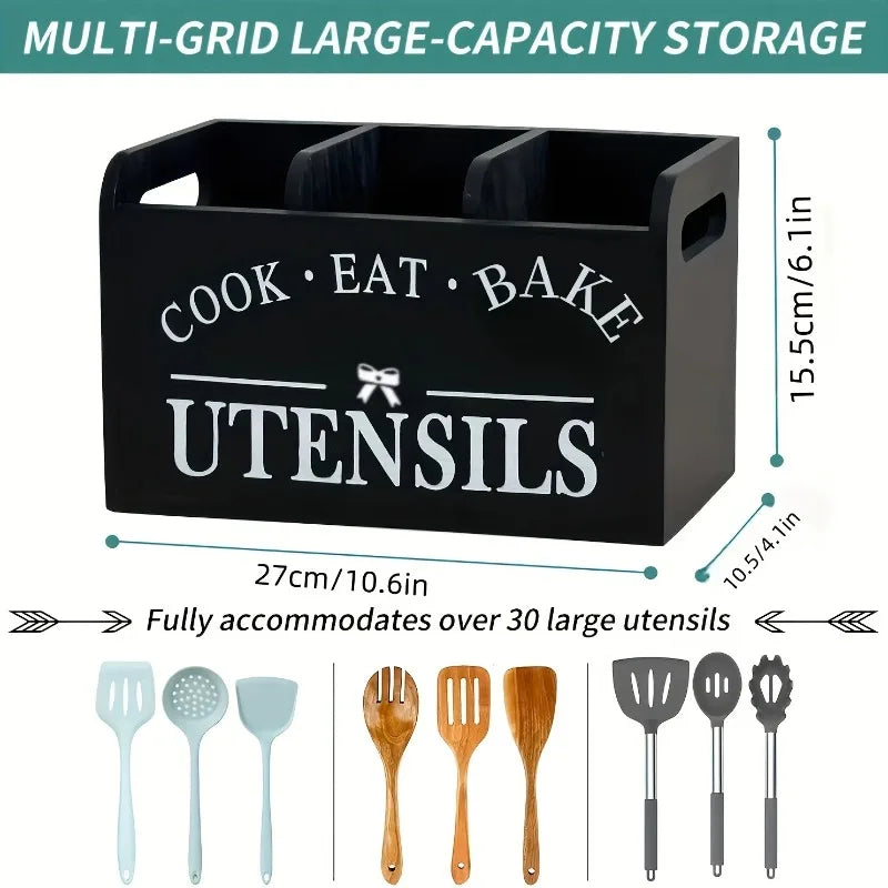 Kitchen Utensil Rack Three Compartments Rustic Wooden Storage Box