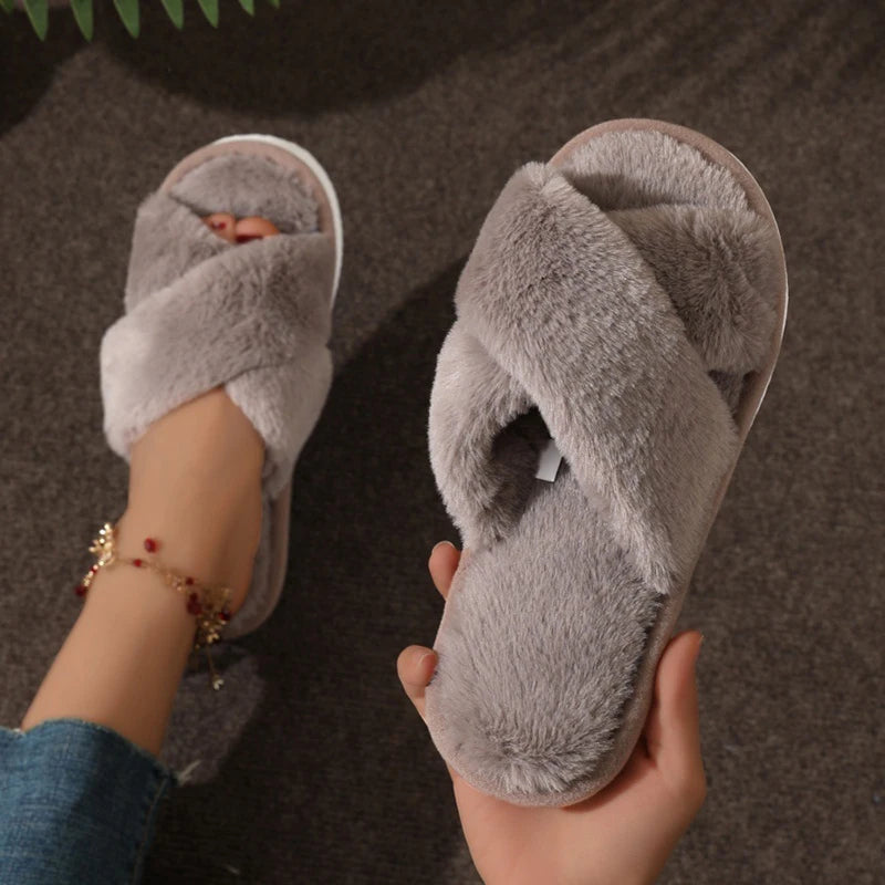Fashion Women Fluffy Slippers Cross Band Soft Plush Cozy House Shoes