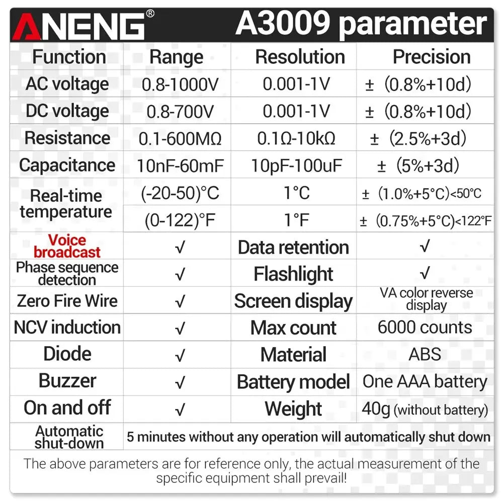ANENG A3009 Mini Digital Multimeter Pen Voice Broadcast Multimetro DC
