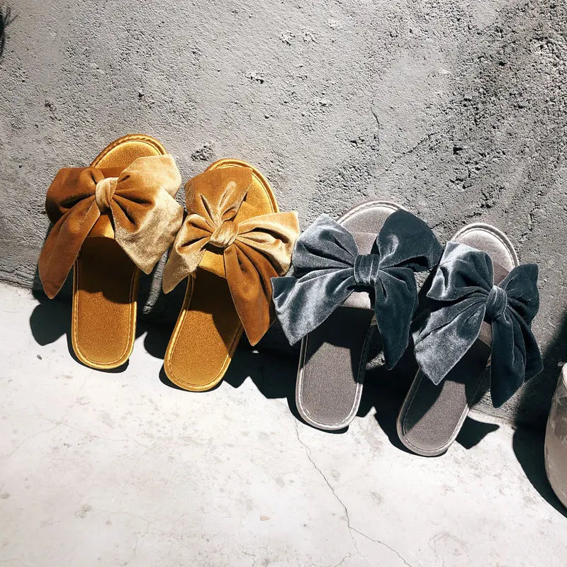 Slippers for Women 2025 Summer Velvet Bow Silk Slippers Comfortable At Home Soft Bottom Anti Slip Cool Slippers for Women Zpaxo