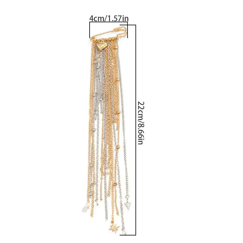 Vintage Tassel Chain Brooch – Metal Heart Pendant Suit Pin