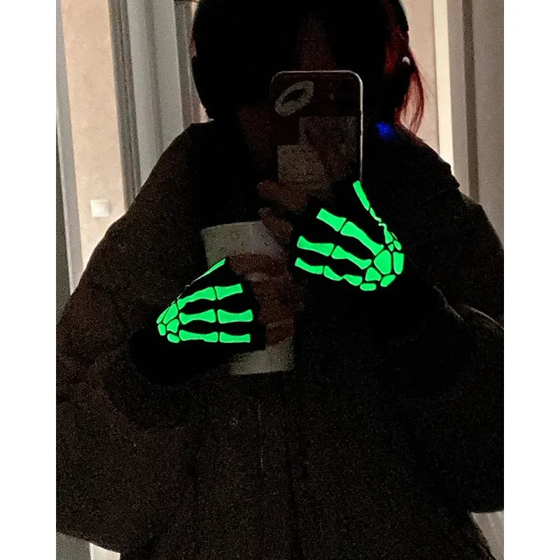 Luminous Skull Half Finger Gloves – Glow in the Dark Knit