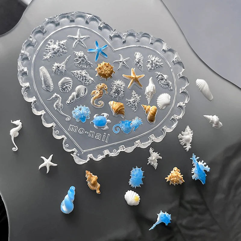 Ocean Series Silicone Nail Art Mold Shell Starfish Goldfish Conch Carving Template Transparent DIY Love Manicure Template Tool Zpaxo