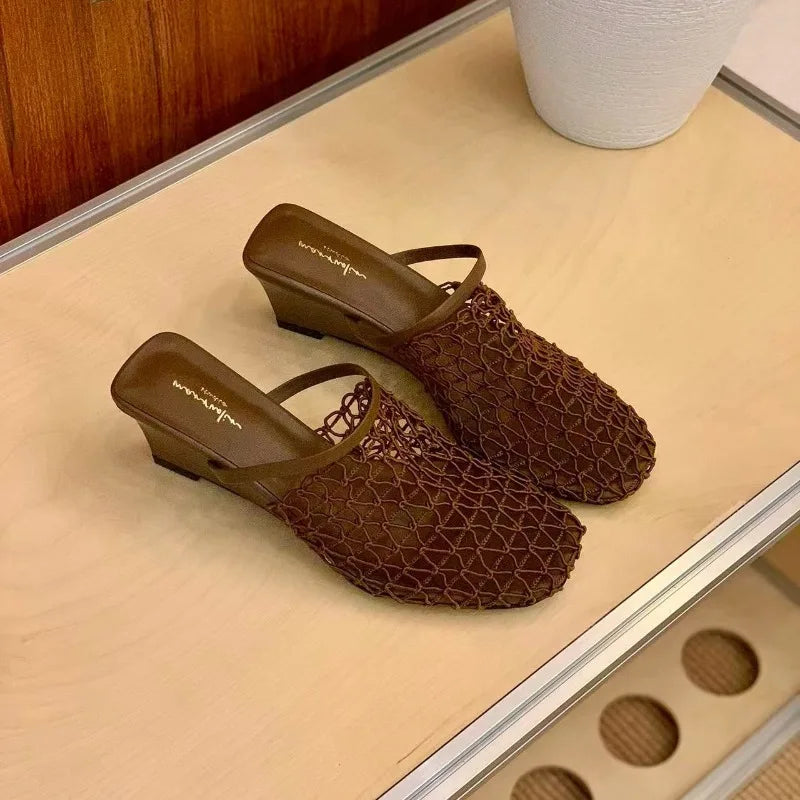 Fishing Net Woven Hollow Sandals Women Summer Skirt Block Heel Square Zpaxo