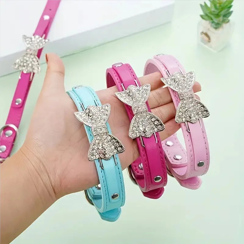 Crystal Bow Tie Pet Collar Soft Leather Cat Small Dog Necklace